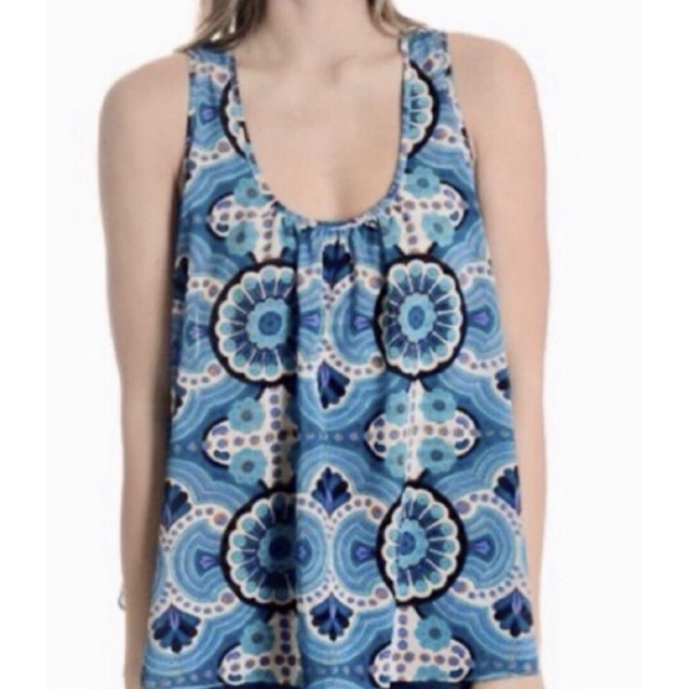 Anthropologie Meadow Rue Blue Merlon Geometric Tank Floral Oversized Size M